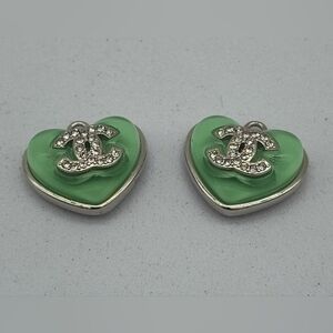 CHANEL 22C Cruise Green Resin Heart CC Charms Pair Silver Crystal Made France